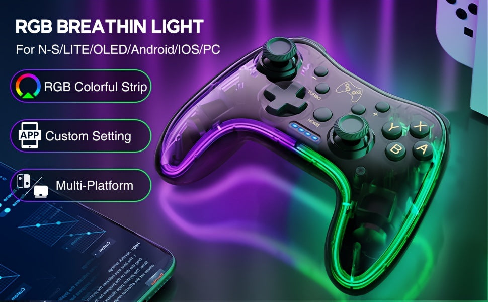 The Controller Is Compatible With Switch/Lite/OLED And PC/Android/IOS, And Comes With An RGB Breathing LED, The Controller Also Supports Remote Applications With Turbo And Wake-up Functions