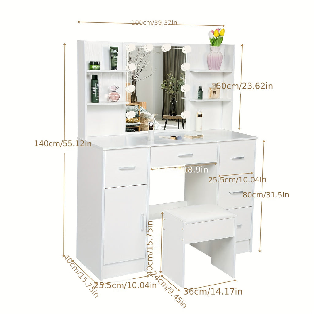 1 Set Vanity Desk With Mirror & Light, Large Makeup Vanity With Drawers And Open Shelves, Vanity Table With Cushioned Stool, 3 Lighting Colors Modern Dressing Table Vanity Set For Bedroom