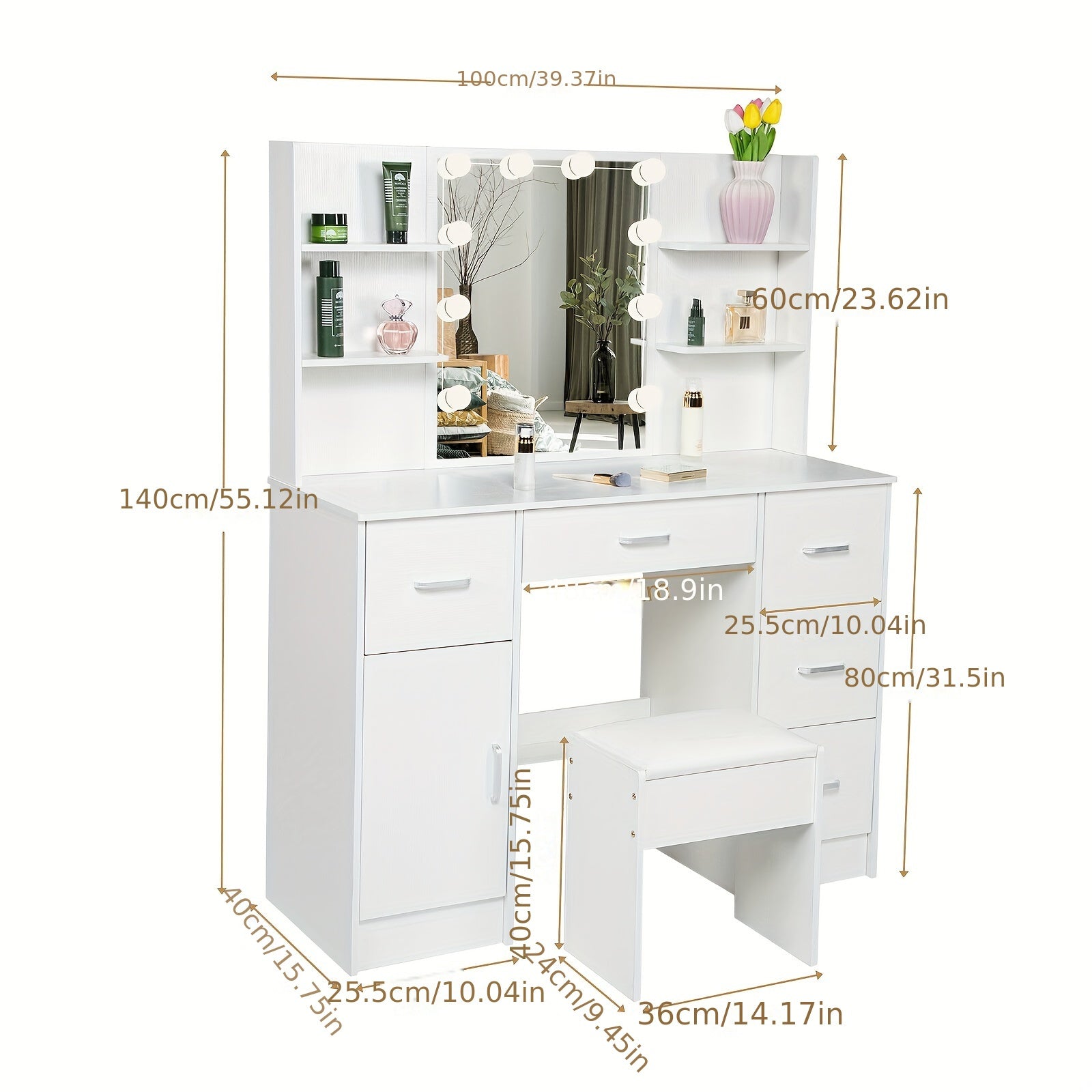1 Set Vanity Desk With Mirror & Light, Large Makeup Vanity With Drawers And Open Shelves, Vanity Table With Cushioned Stool, 3 Lighting Colors Modern Dressing Table Vanity Set For Bedroom