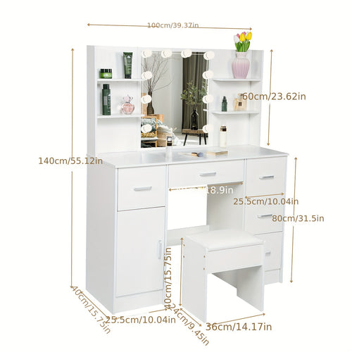 1 Set Vanity Desk With Mirror & Light, Large Makeup Vanity With Drawers And Open Shelves, Vanity Table With Cushioned Stool, 3 Lighting Colors Modern Dressing Table Vanity Set For Bedroom