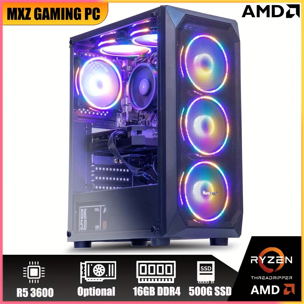MXZ Gaming PC Computer R5 3600, 16G DDR4, NVME 500G, A320, 6RGB Fans, Gamer Desktop Computer Optional RTX 4060/RX6750GRE/RTX 2060