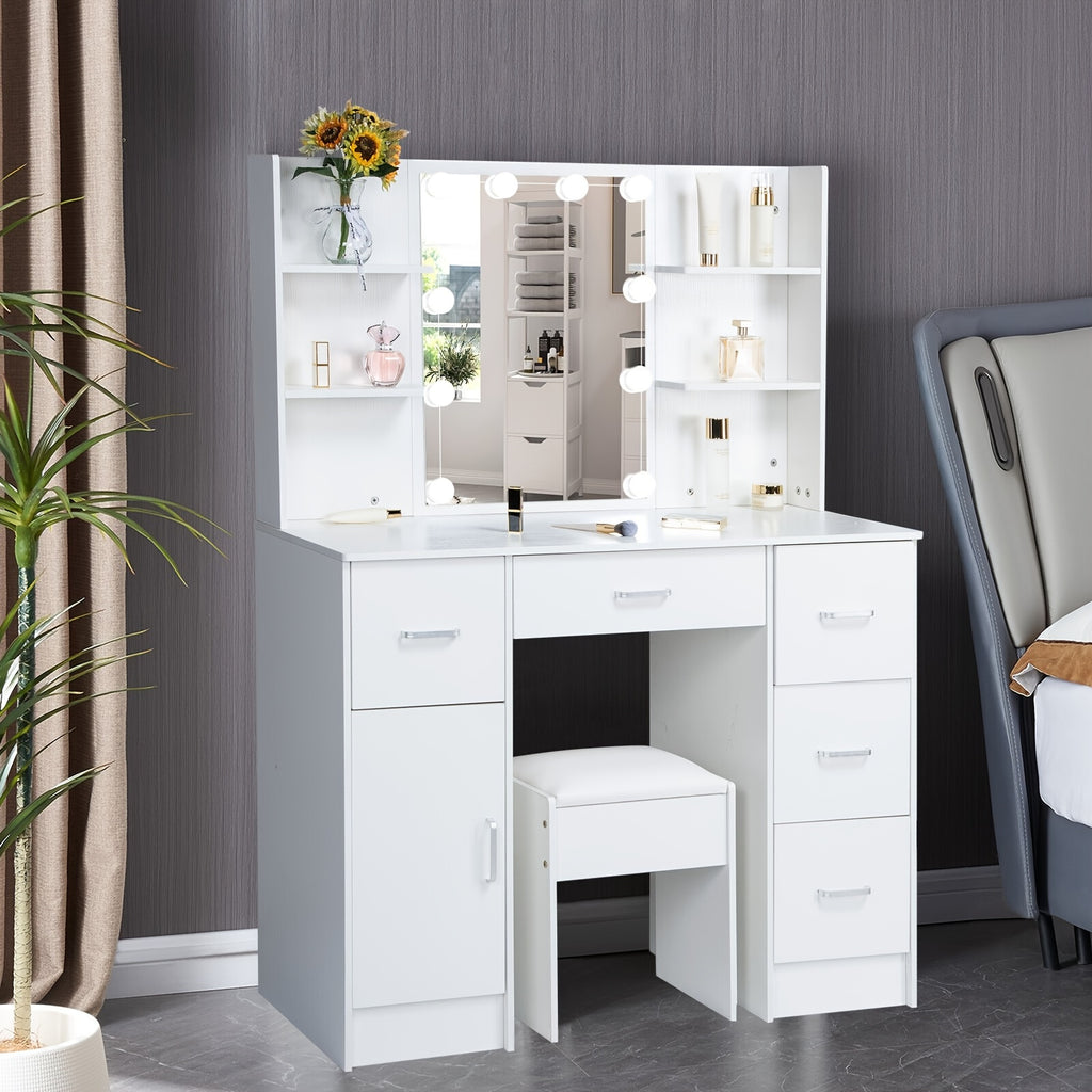 1 Set Vanity Desk With Mirror & Light, Large Makeup Vanity With Drawers And Open Shelves, Vanity Table With Cushioned Stool, 3 Lighting Colors Modern Dressing Table Vanity Set For Bedroom