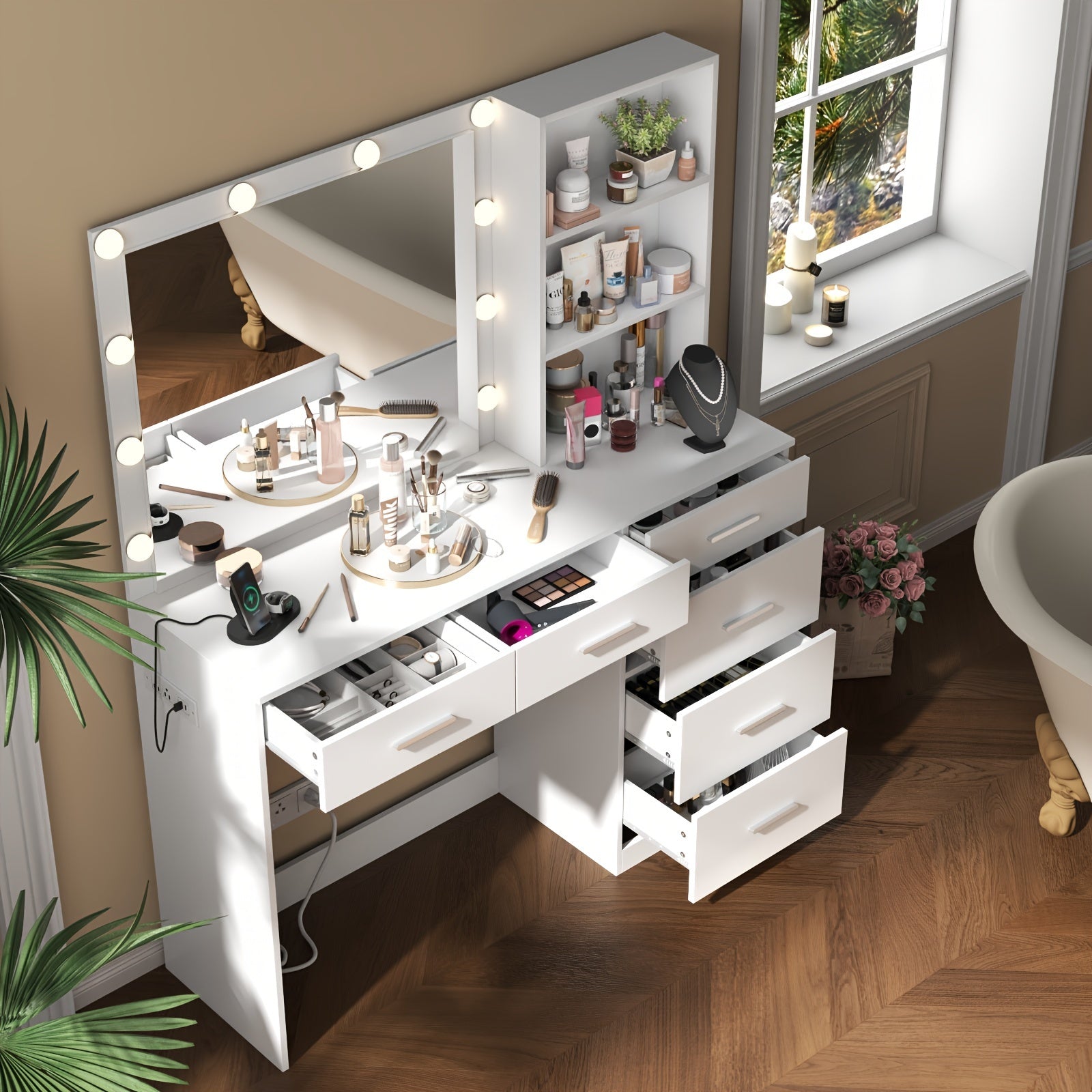 Modern Vanity Desk with Storage Shelves and Mirror, 6 Drawers Makeup Vanity Table