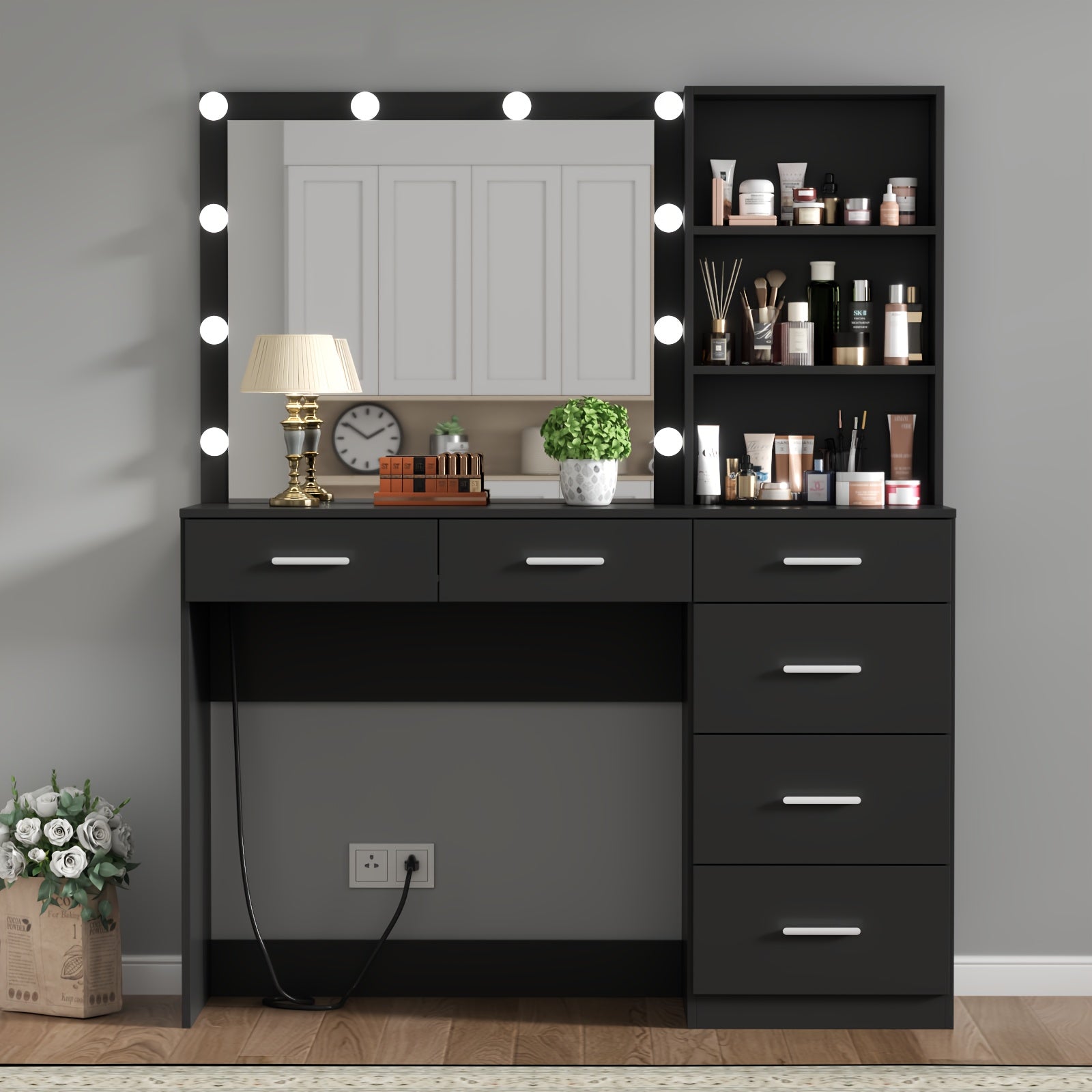 Vanity Desk with Lights, 6-Drawers Makeup Vanity Table with  Socket Outlet and Storage Shelves, Dressing Table with Lighted Mirror for Women Girls