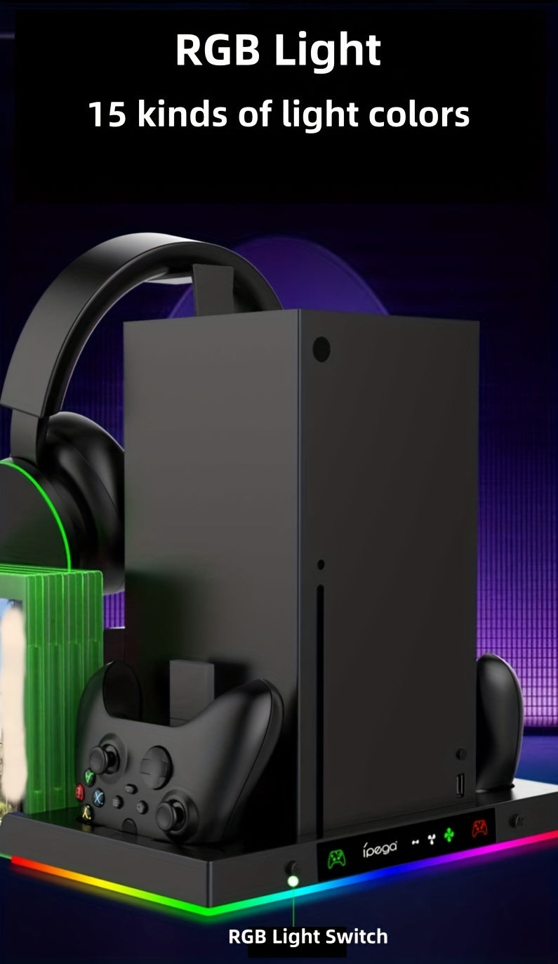 For Xbox Series X Cooling Stand Controller Gamepad Charge Seat For XBX With Headphone Hook And Game Discs Card Slot RGB Light Double Fan