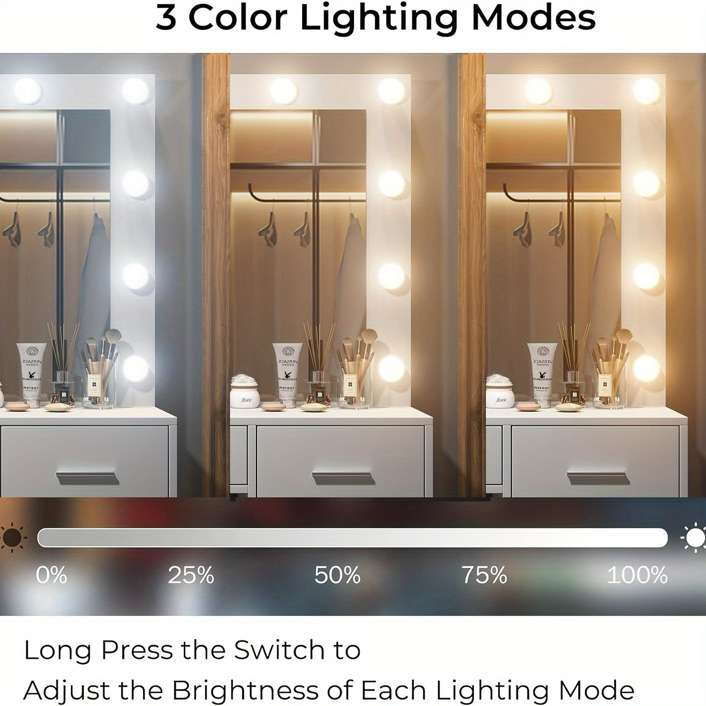 1 Set 5 Drawers with 11 LED Lights Makeup Vanity Table Set with Chair, White Vanity Table With Lighted Mirror, Makeup Desk Dressing Table With Storage Drawers And Cushioned Stool For Bedroom, Vanity Set 3 Lighting Modes Brigh