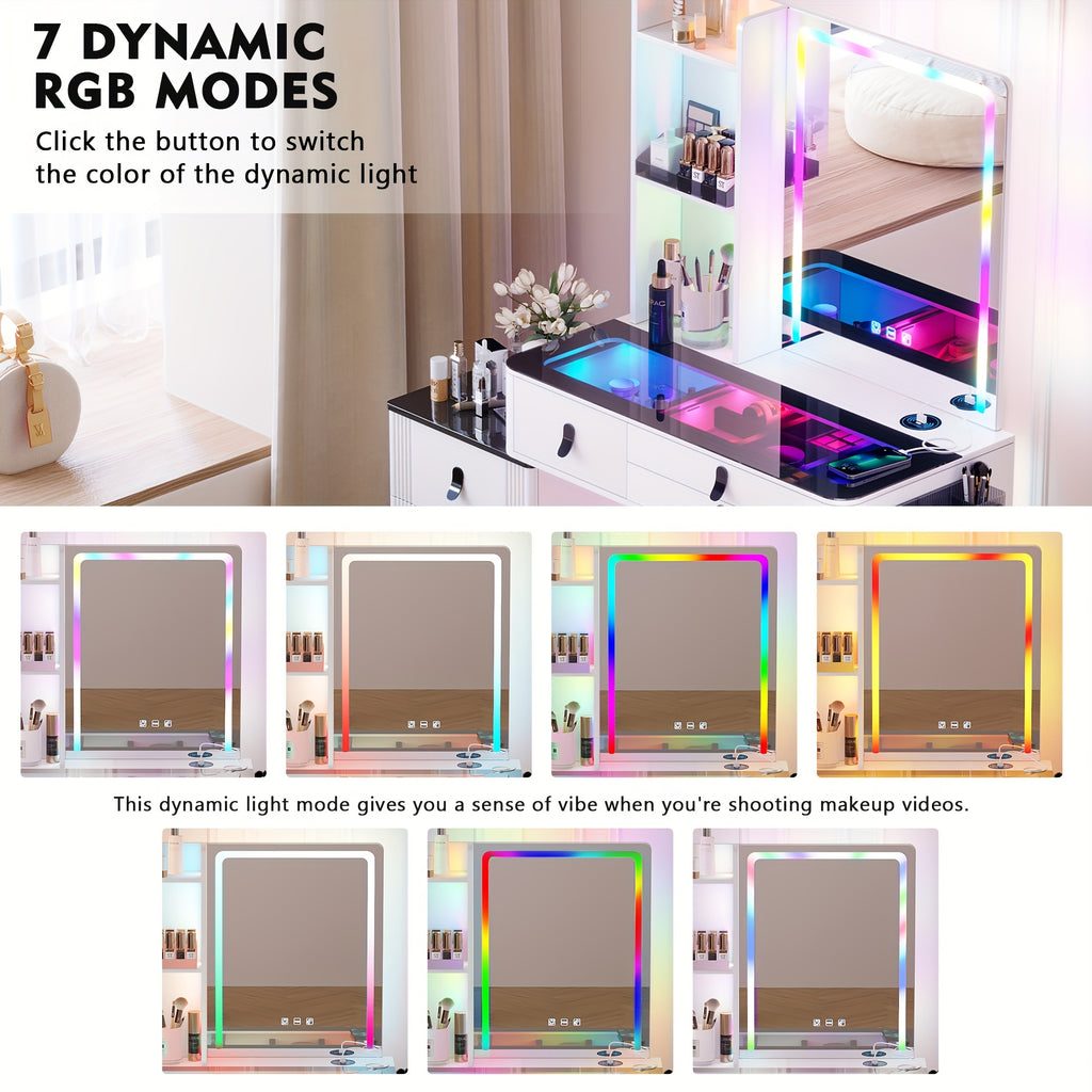 RGB Makeup Vanity Desk with Mirror and Lights, 7 Dynamic&7 Static Dimmable Vanity Table Set with Wireless Charging Station, Make up Vanity with Stool, Glass Top, 3-Tier Shelf, 6 Drawers