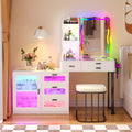 Lvifur RGB Makeup Vanity Desk with Lights, Glass Top Vanity Table with 24 Color Dimmable Lights, Large Vanity Set with 8 Drawers, Dressing Table with Cushioned Stool, Black